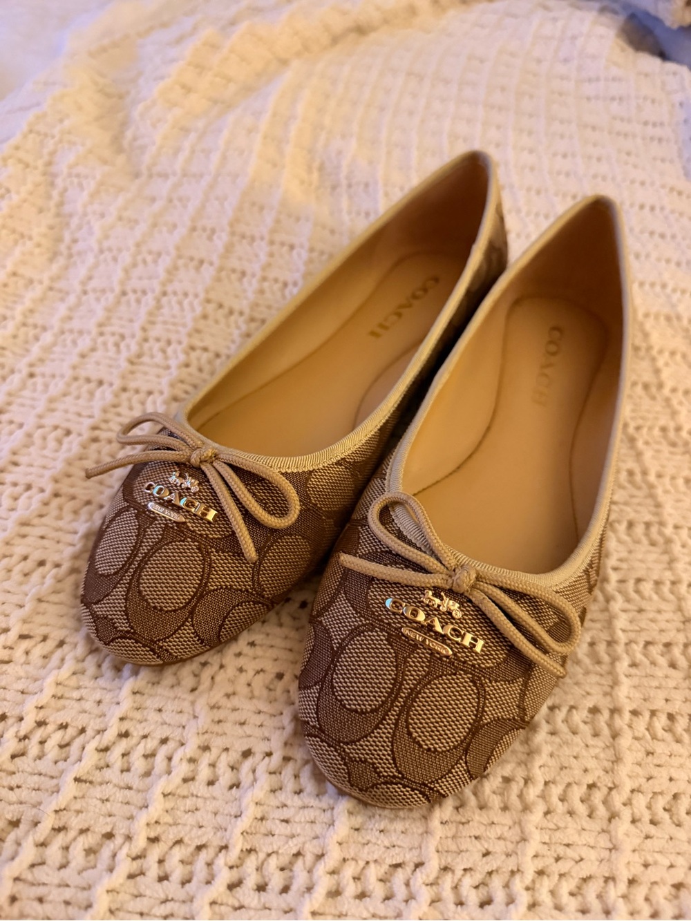 COACH Signature Canvas Ballet Flats in Khaki/Tan with Gold Logo